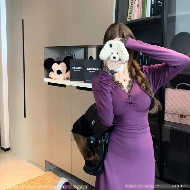 2026 Elegant French Lace-Trimmed Purple Dress: Women s Slimming Winter Long Skirt with Plus Velvet Inner Layer S