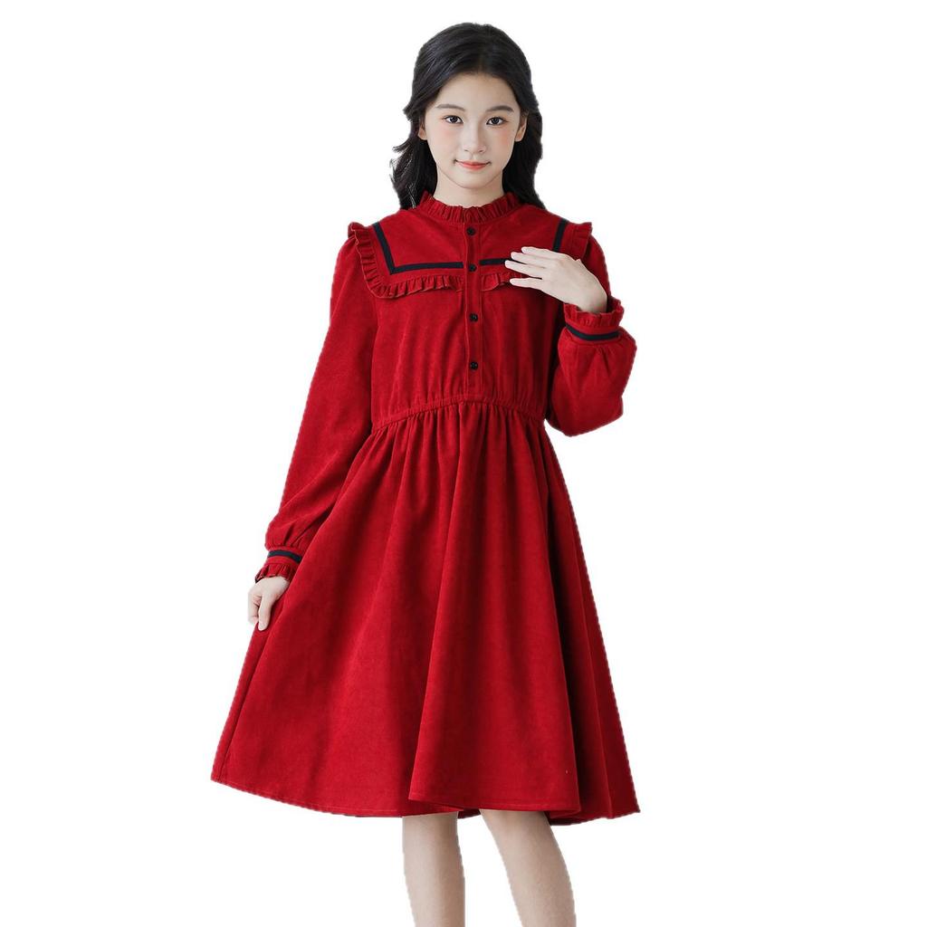 Girls' Red Ruffle Stand Collar Long Sleeve Waist-Hugging Dress for Autumn