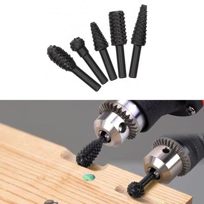Lot de 5 forets hélicoïdaux pour le travail du bois, lime à bois, râpe, foret, avec tige de 1/4", outil en forme de ciseau à râpe, tête de meulage rotative en relief