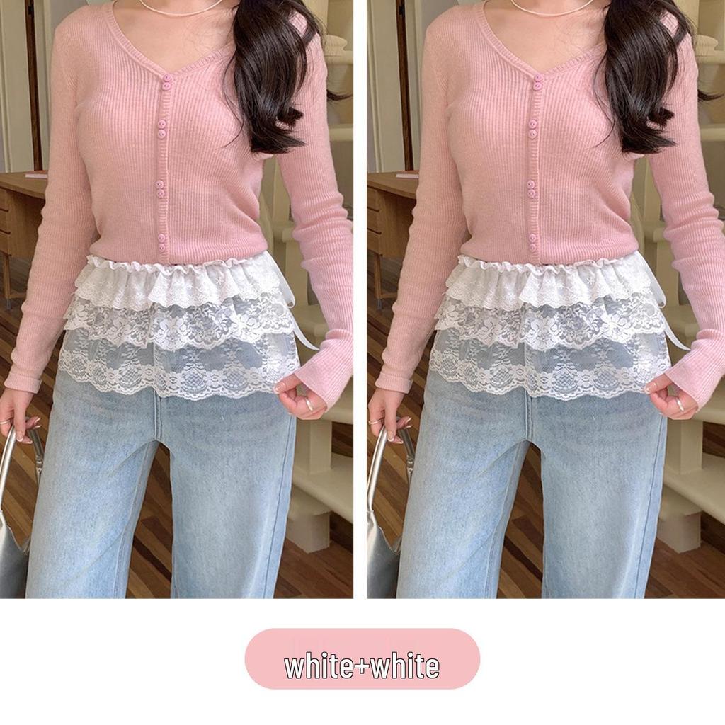 Lace Hem Layered Sweatshirt Skirt - Versatile White Short Skirt & Outerwear Piece