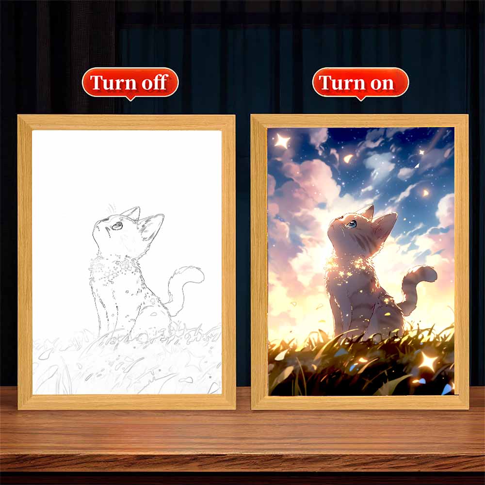 Cute Cat Kawaii Pets Light Painting Picture Frame Led Night Light Moon Lamp Room Decor Home Bedroom Friends Kids Birthday Gifts