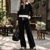 Women's Fashion Color Block Two-Piece Set with Long Sleeve and Casual Pants, Lapel Collar