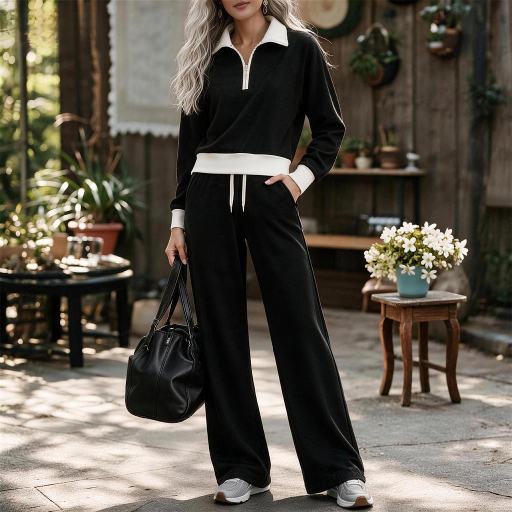 Women's Fashion Color Block Two-Piece Set with Long Sleeve and Casual Pants, Lapel Collar
