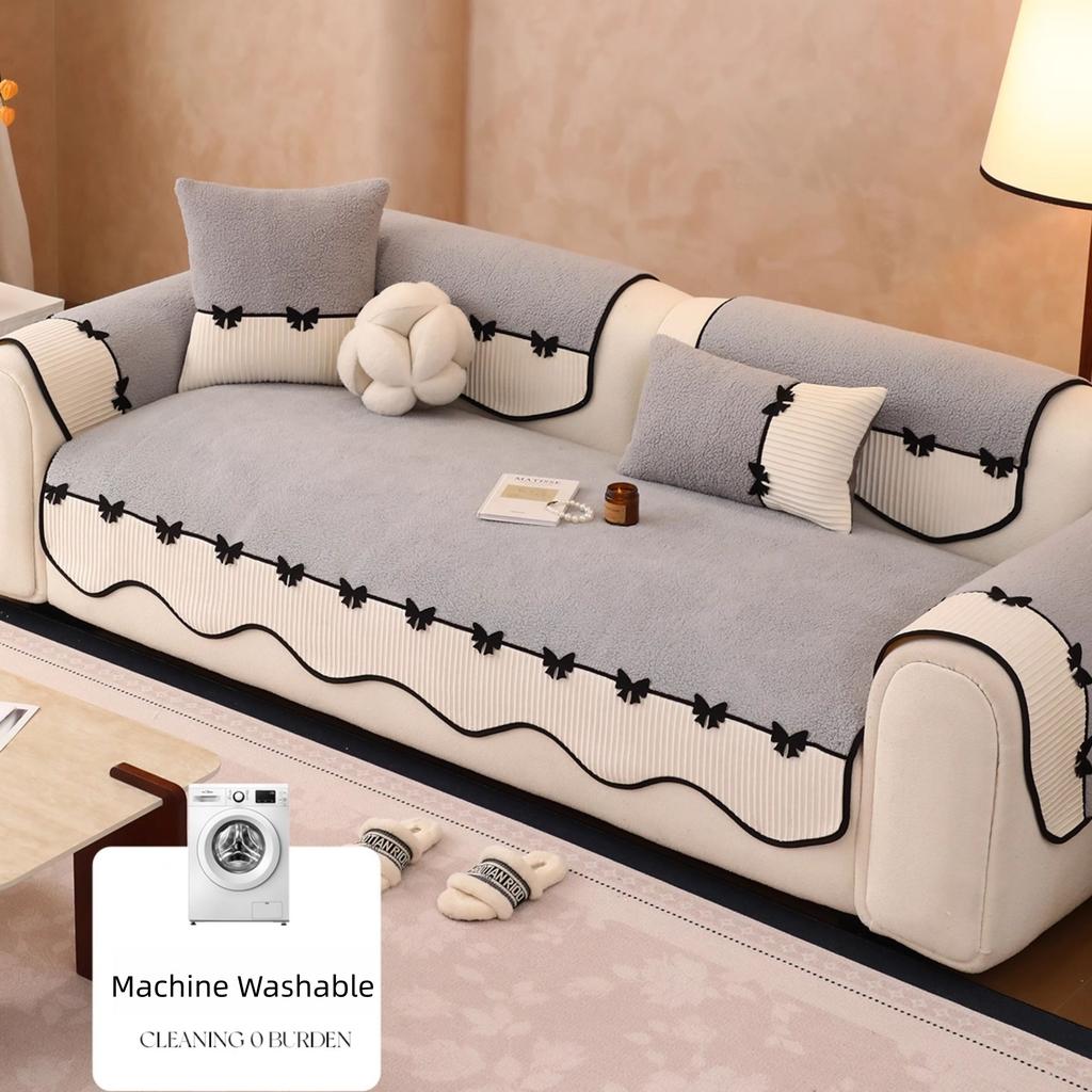 Solid Soft Warm Sherpa with Contrast Velvet Hem Non-Slip Sofa Cover, Butterfly Tie Lace Decored Sofa Towel Slipcover for Couches