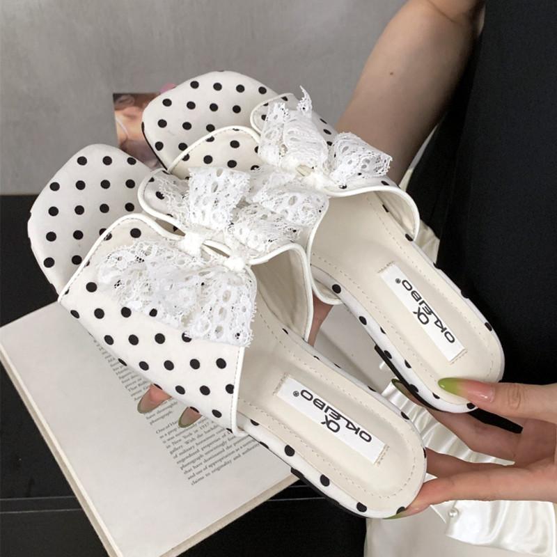 Fashion Vintage Lace Bow Decoration Brand Flat Slippers Women Fashion Square Toe Polka Dot Soft-soled Shoes Summer Comfort Beach Sandals