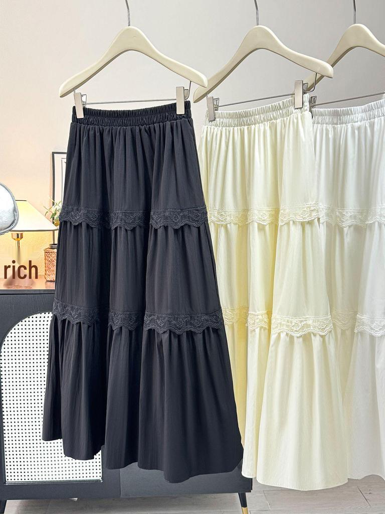 2026 Spring/Summer French Niche White Lace A-Line Ruffle Skirt with Wide Hem