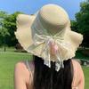 Sweet Lightweight Straw Hat Lace Bow Woven Straw Sun Hat Flat Top Breathable Beach Hat Summer