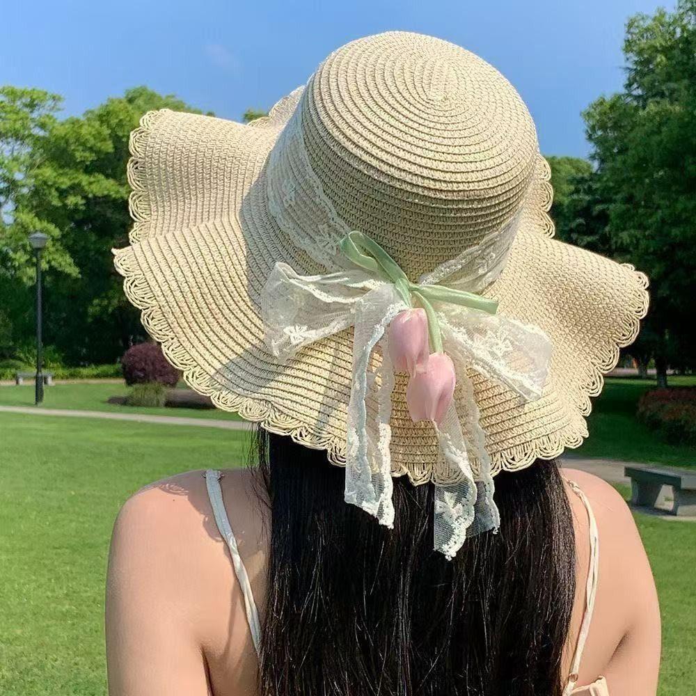 Sweet Lightweight Straw Hat Lace Bow Woven Straw Sun Hat Flat Top Breathable Beach Hat Summer
