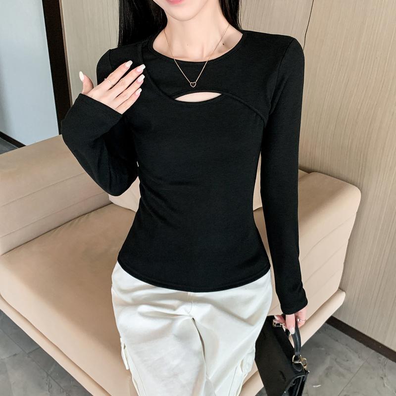 Damen-Langarm-Basisshirt mit Aussparungen, Herbst/Winter 2025, Unifarben, Trendiger Hot Girl Style, Perfekt zum Schichten oder solo Tragen.