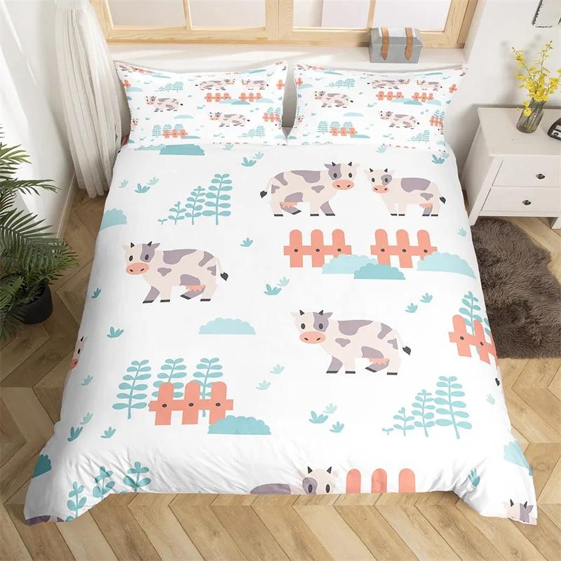 Comforter Cute Cartoon Cows Twin King Farm Animal Bedding Set Microfiber Botanical Floral Comforter For Boys Girls