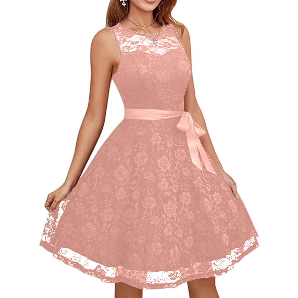 Women Vintage Princess Floral Lace Cocktail V-Neck Party Aline Swing Dress