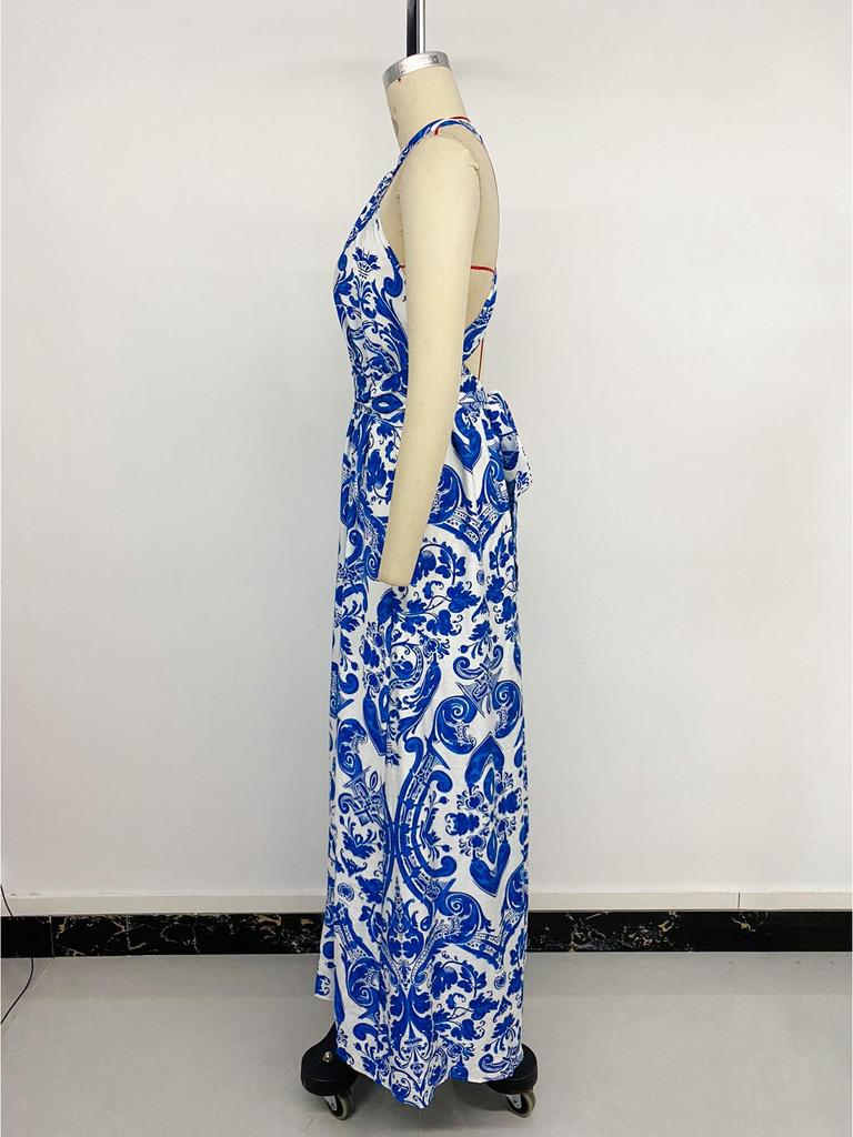 European & American Halter Long Skirt: New Style 2026 Open Back Retro Print Dress for Women.