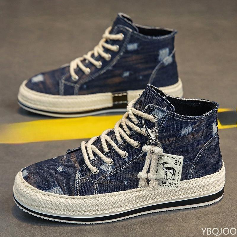 

Модная мужская весенне-осенняя модная универсальная нескользящая парусиновая обувь с высоким верхом, легкая, повседневная, удобная мужская обувь 44 темно-синий