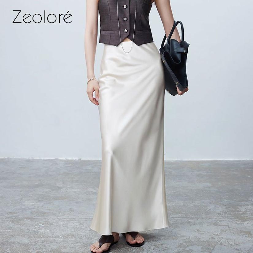Qooth Women Elegant Satin Black Skirt High Waist Slim Skirt for Spring Summer QT2319