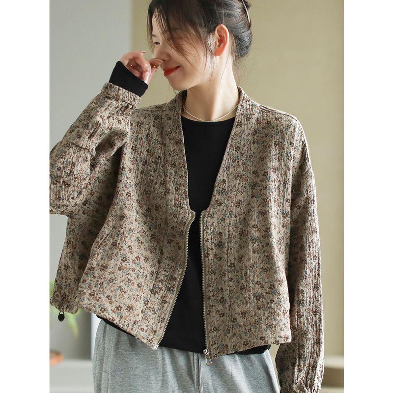 

Daile Original Autumn Retro Cotton Yarn-Dyed Print Short Outerwear Women Artistic V-neck Slimming Jacket Top Women Gray One size