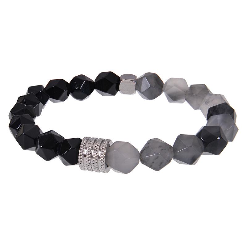 Men's Retro Stainless Steel and Beaded Bracelet with 10mm Faceted Amazonite and Black Obsidian.