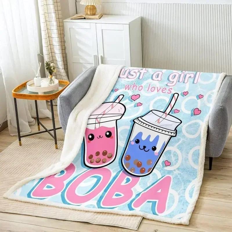 Boba Sherpa Blanket Just a Girl Who Loves Boba Plush Blanket Kawaii Bubble Tea Stuffed Fleece Throw Blanket for Bed Sofa 75X95CM
