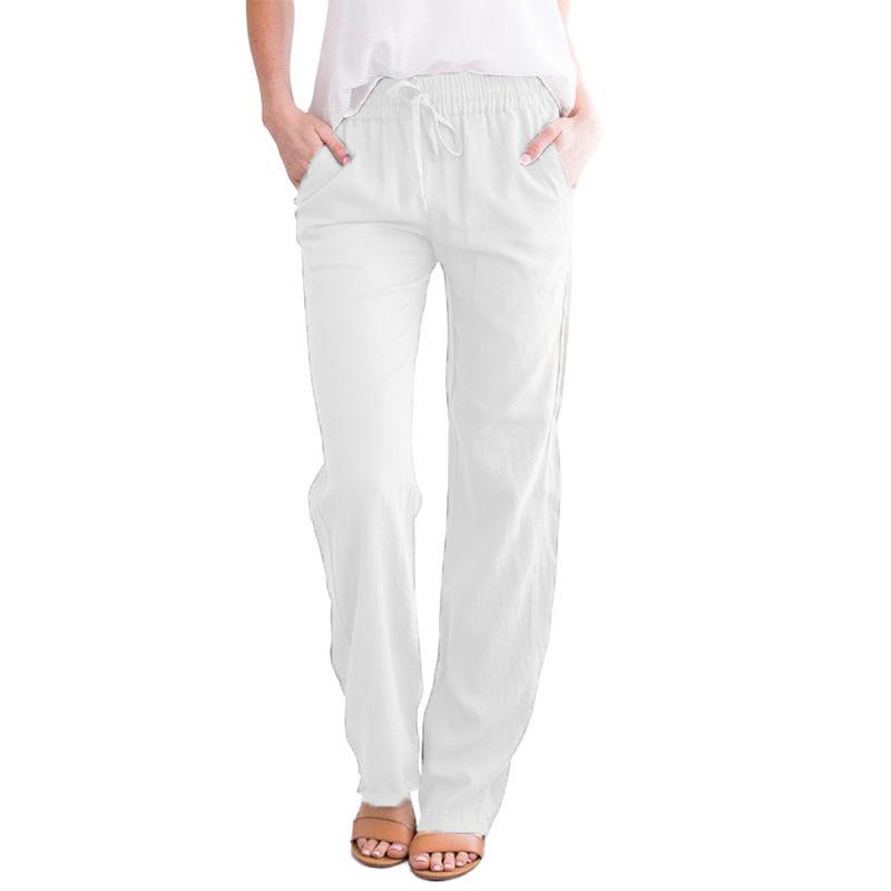2026 Spring/Summer Women's Solid Color Cotton Linen Drawstring Wide-Leg Casual Pants