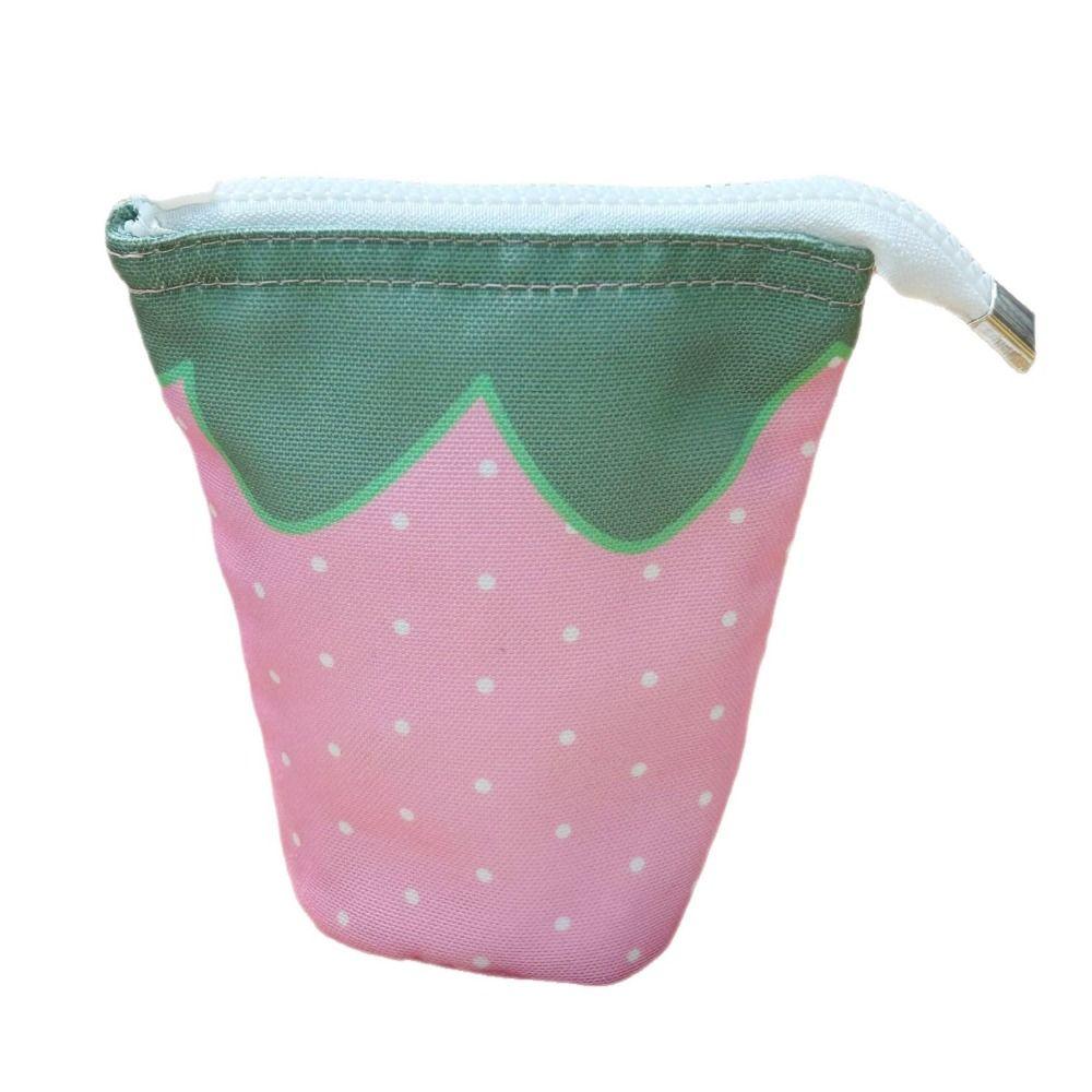 Cylindrical Stand Up Pen Bag Strawberry Pencil Case Cute Cosmetic Bag  Students Supplies