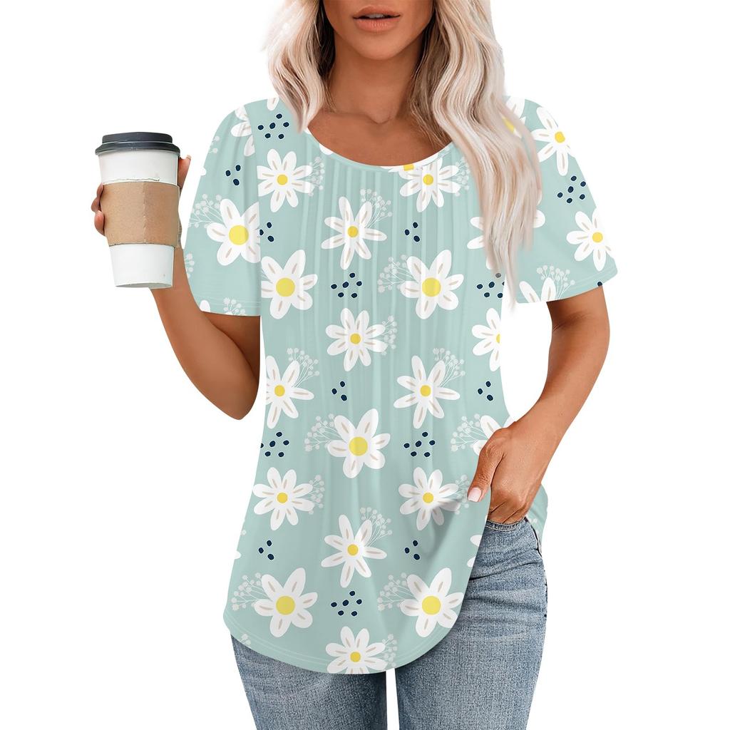 Damen Sommermode Lässig Plissee Rundhals Print Kurzarm T-Shirt Top