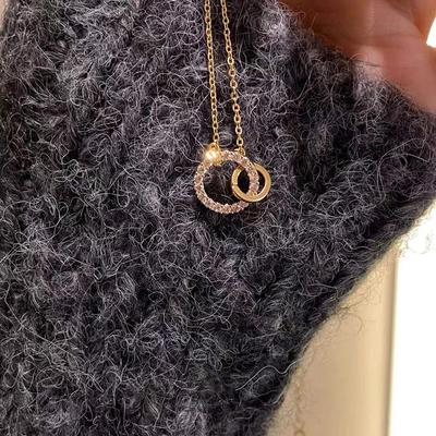 Collier pendentif rond en zircon brillant tendance, double anneau, chaîne de clavicule couleur or