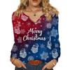 Women's Fashionable Casual V-neck Blouse Button Christmas Printed Long-sleeved Pullover T-shirt Top