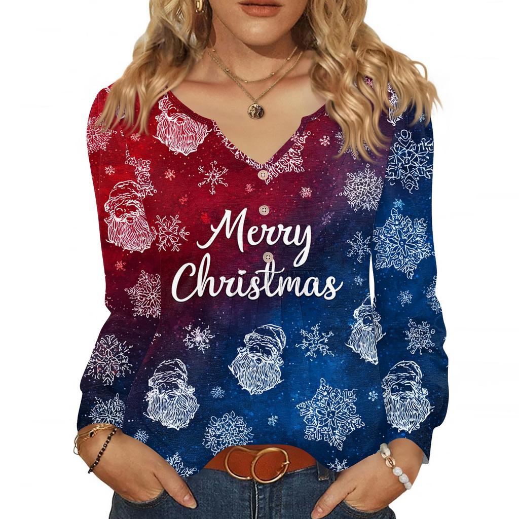 Women's Fashionable Casual V-neck Blouse Button Christmas Printed Long-sleeved Pullover T-shirt Top