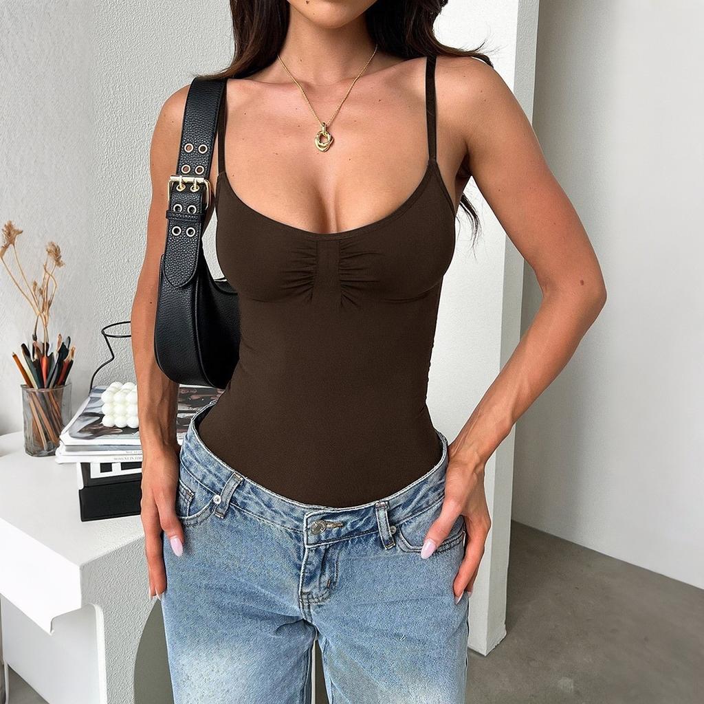 Damski top na ramiączkach spaghetti z dekoltem w łódkę, bez rękawów, dopasowany, streetwear, marszczony w biuście, kamizelka
