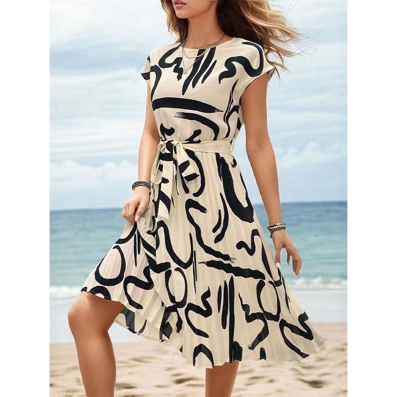 

Fashion Summer New round Neck Letter Floral Tight Waist Pleated Short Sleeve Dress Sanya Seaside Beach Skirt Dress White XL
