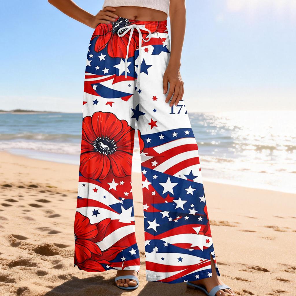 Dámské letní boho palazzo kalhoty s vysokým pasem a širokými nohavicemi, tisk, ležérní kalhoty s kapsami