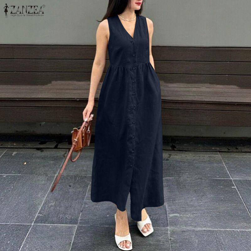 ZANZEA Women Casual V-Neck Summer Sleeveless Dress