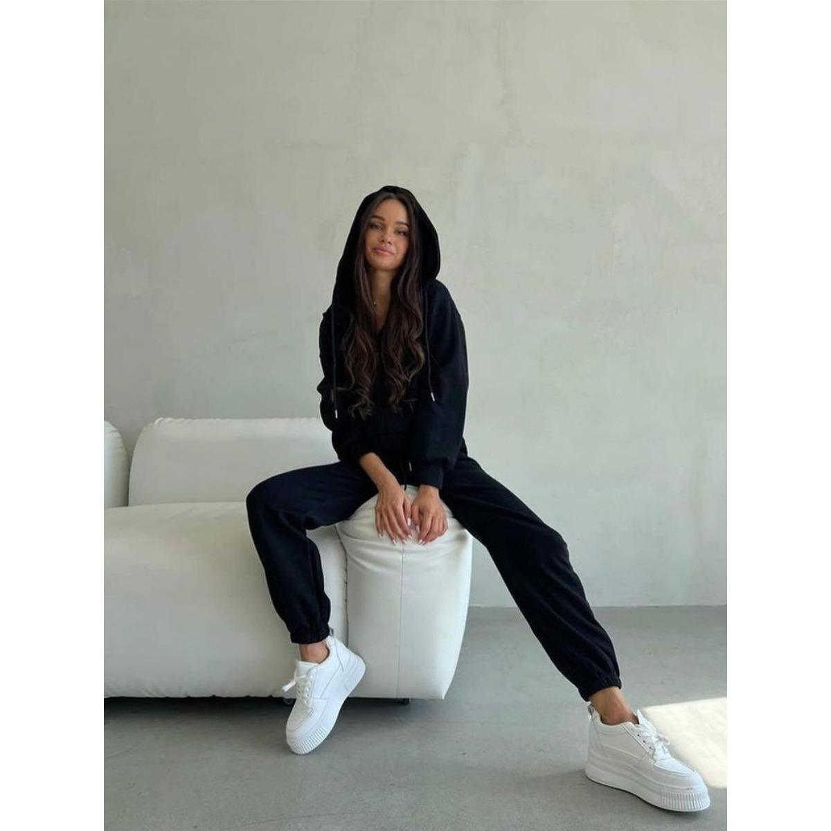 

Повседневный женский комплект однотонный худи на молнии с длинным рукавом и брюки на резинке, комплект из двух предметов XL