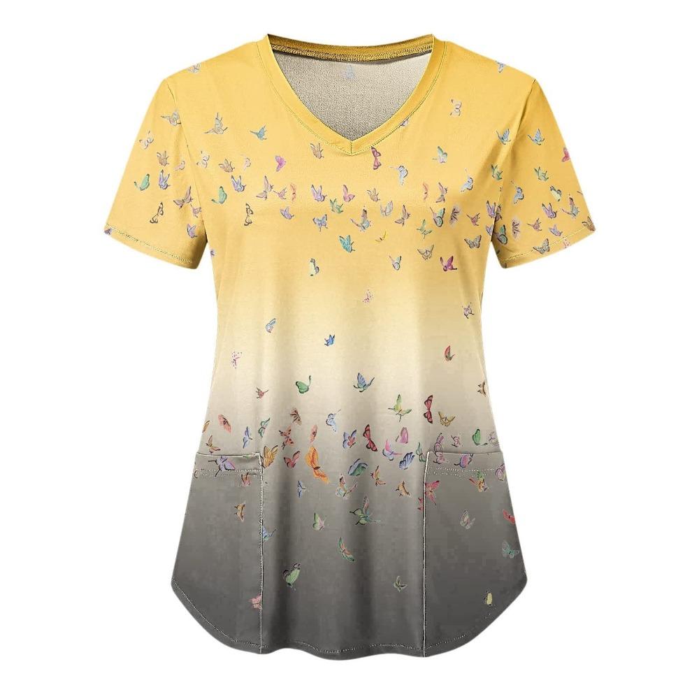 Bata Médica Mujer Elegante Estampado Mariposa Cuidado de la Salud Enfermería Cuello en V Manga Corta Bolsillo de Parche Tops Uniforme Médico para Mujeres