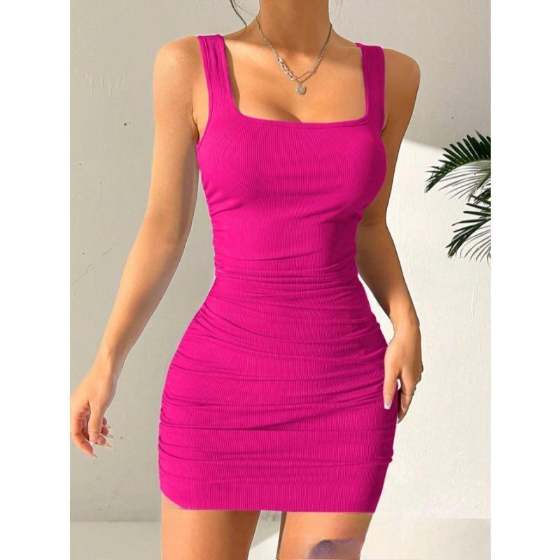 Summer Square Neck Bodycon Mini Short Dress Women Sleeveless Casual Party Dress for Women Clubwear Nightout Party Tank Dress Slim Fit Bodycon Dresses