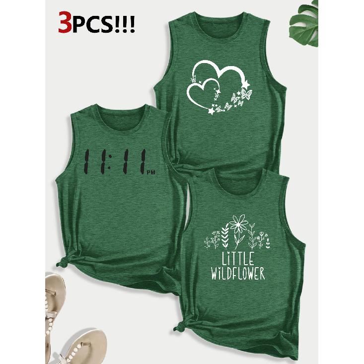 Line Floral Letter Combination Gift Print Pattern Round neck3Pack of Sleeveless Vests for Women In Spring, Summer, and Autumn