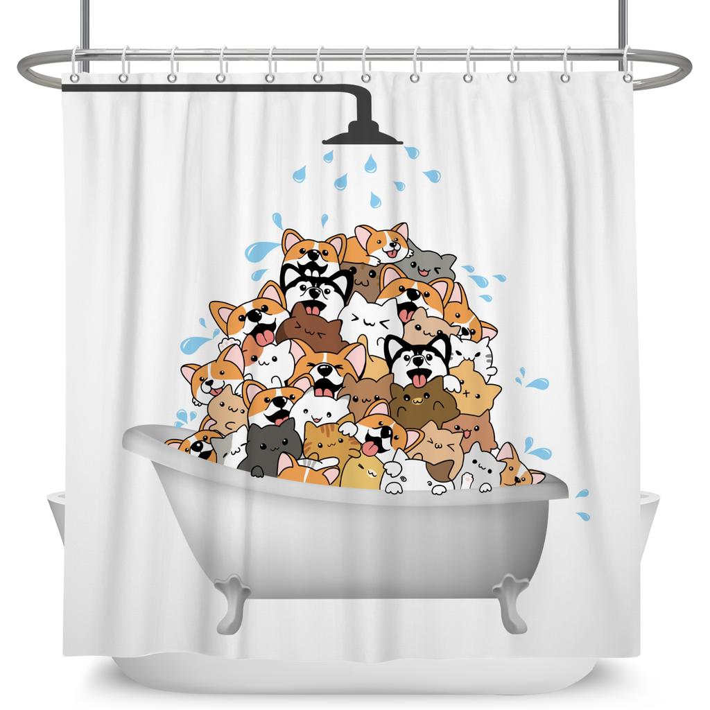 Minimalist Comics Shower Curtain Cute Cats Funny Cat Bath Scene Decor Waterproof Polyester Bathroom Curtain Set with 12 Hooks