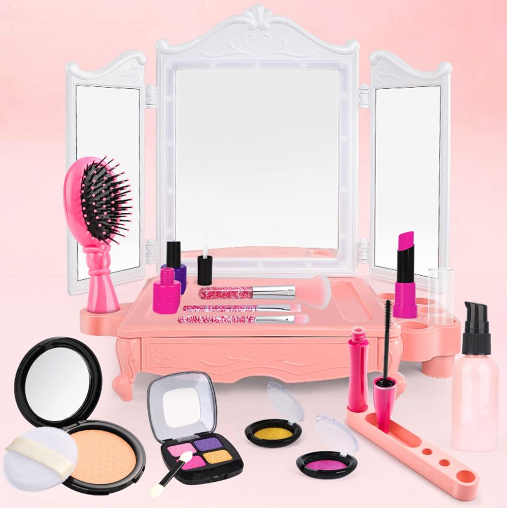 CORPER TOYS Pretend Play Makeup Toy Set for Dressing Table with Mini Dressing Pretend Play Christmas Gift for Ages 6 and Up Girls, Three-Way Mirror,