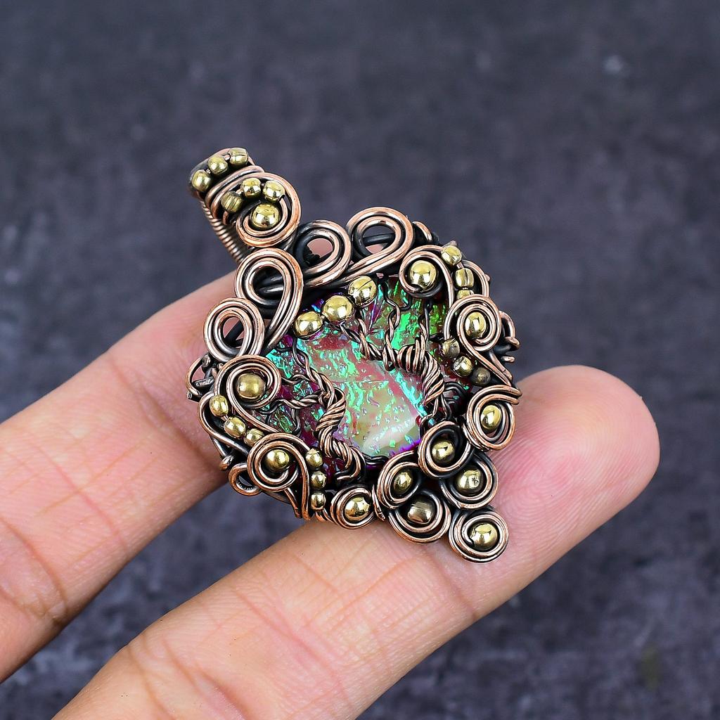 Pink Triplet Opal Gemstone Copper Wire Wrap Jewelry Pendant 2.05"