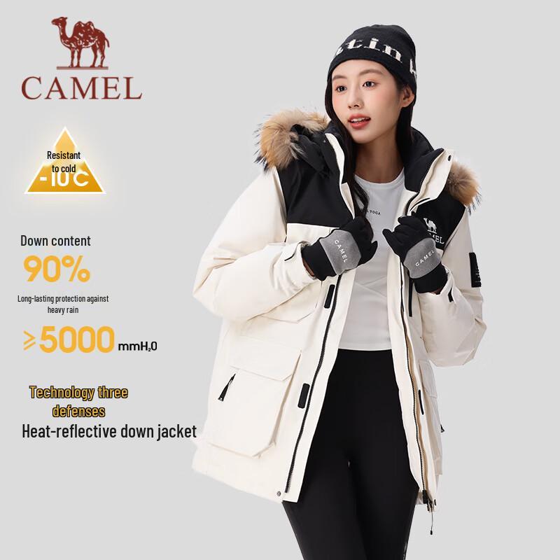 CAMEL Men's Thickened Workwear Hooded Parka Down Jacket with Fur Collar