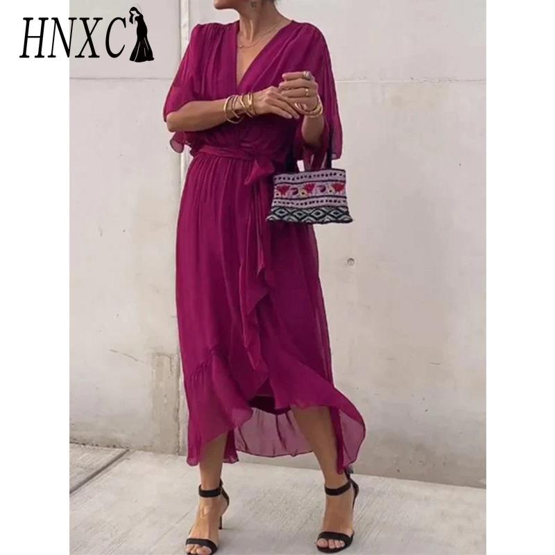 HNXC Women's Fashion Summer Spring Solid Color Print V-Neck High Waist Casual Dresses