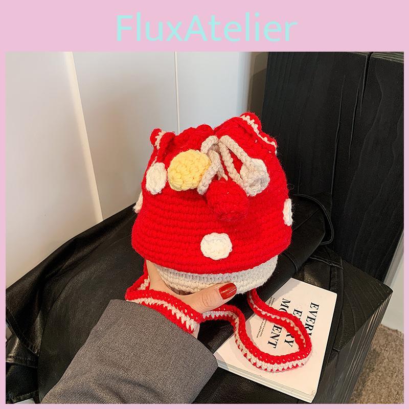 Pattern Delightful Mushroom Knitted Drawstring Bag For Children Unisex And Design Playful