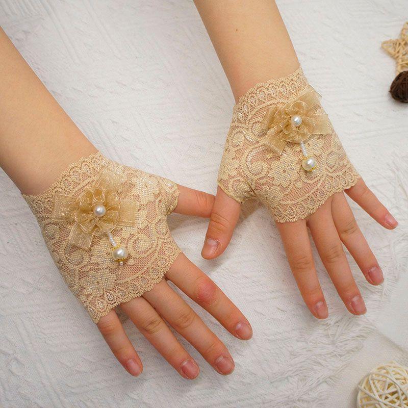 

Summer Thin Lace Half Finger Gloves Female Scar Covering Tattoo Tattoo Driving and Biking Sun Protection Fingerless Exposed Finger Skin color + flower -10cm One size