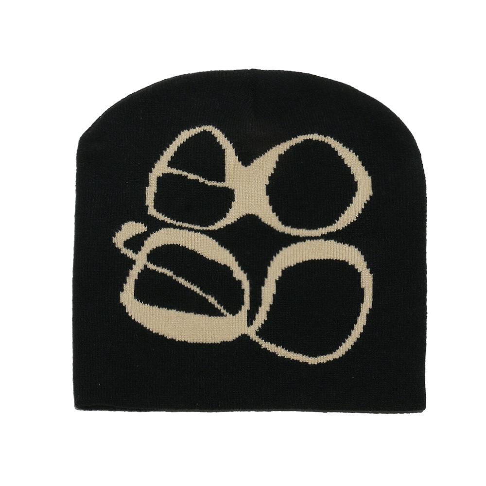 

Y2K knitted hat gothic letter jacquard cold hat glasses jacquard pullover hat thermal knitted hat M（56-58cm） чёрный