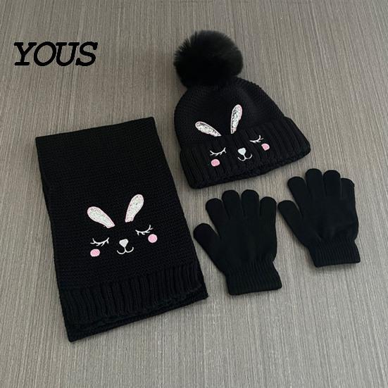 Stylish Winter Set for Outdoor Activities Hat Gloves Scarf Kids, Warm Knitted Pompom Hat, Cute And Kids Bunny Embroidery, Cozy Boys Girls Ages 2 to 6