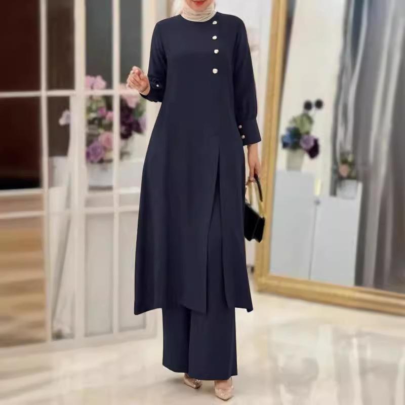 2024 Elegant Solid Color Muslim Women's Two-Piece Suit: Long Side-Slit Shirt & Wide-Leg Pants