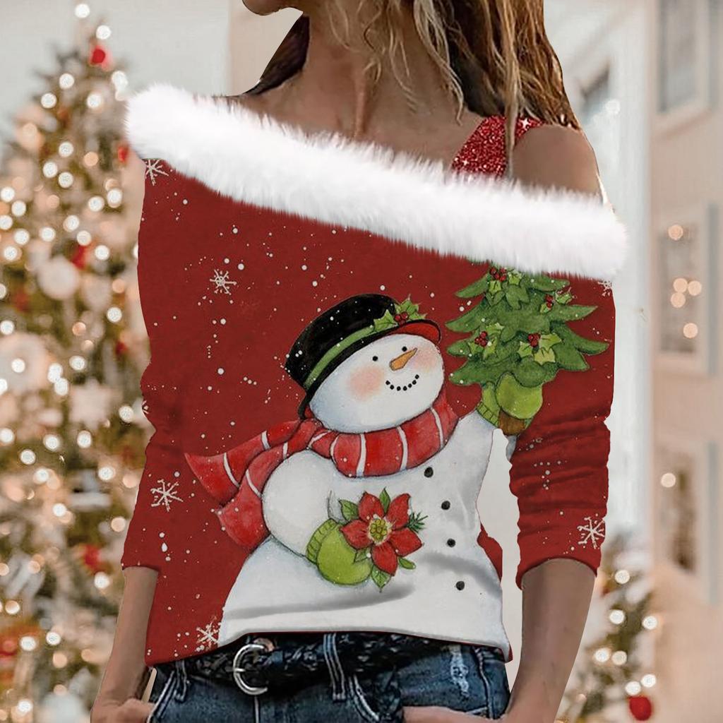 Women's Off Shoulder Furry Trim Long Sleeve T-Shirt Christmas Glitter Star 3D Print Elegant Winter Casual Top