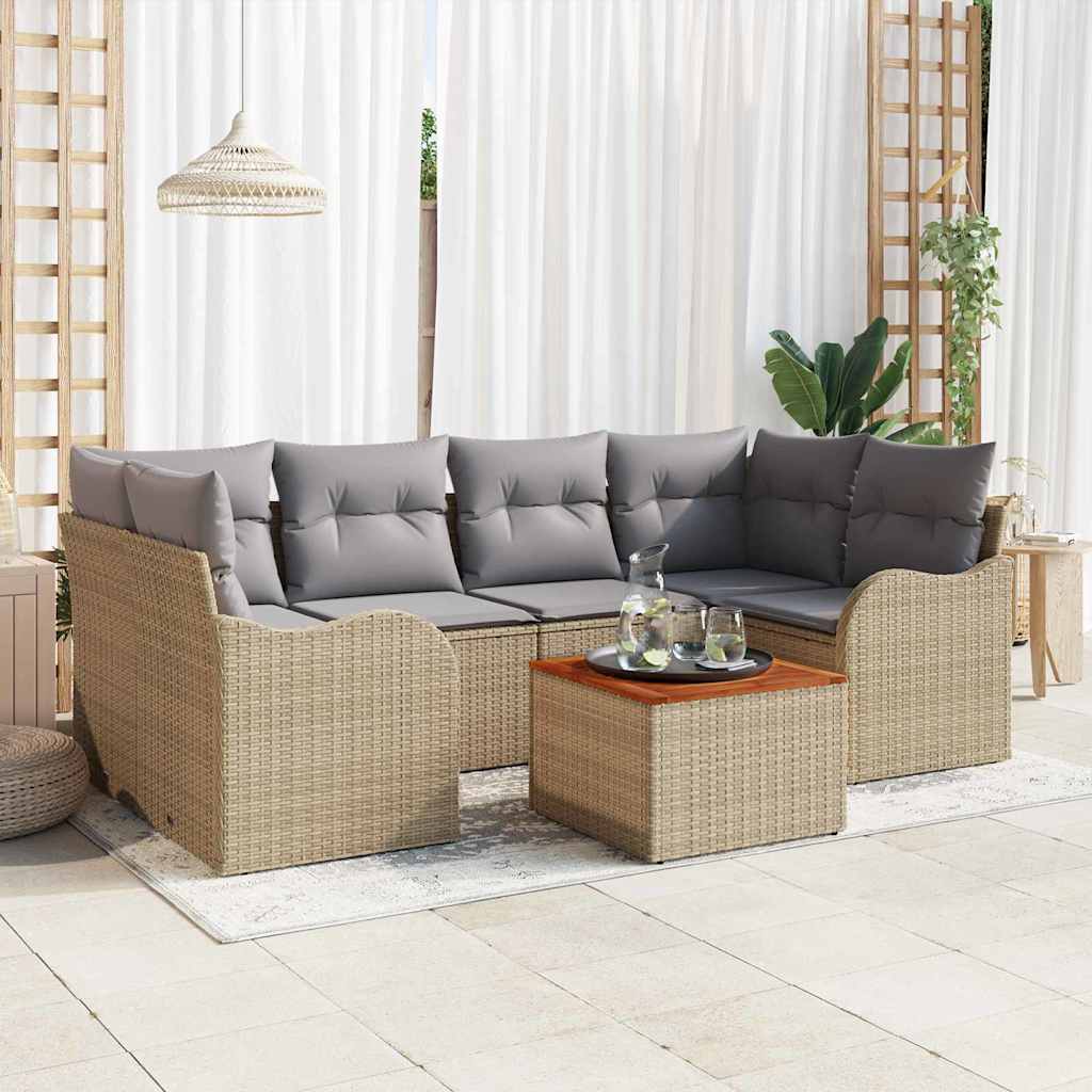 Garden Sofa Set with Cushions 7 Pcs Beige Poly Rattan