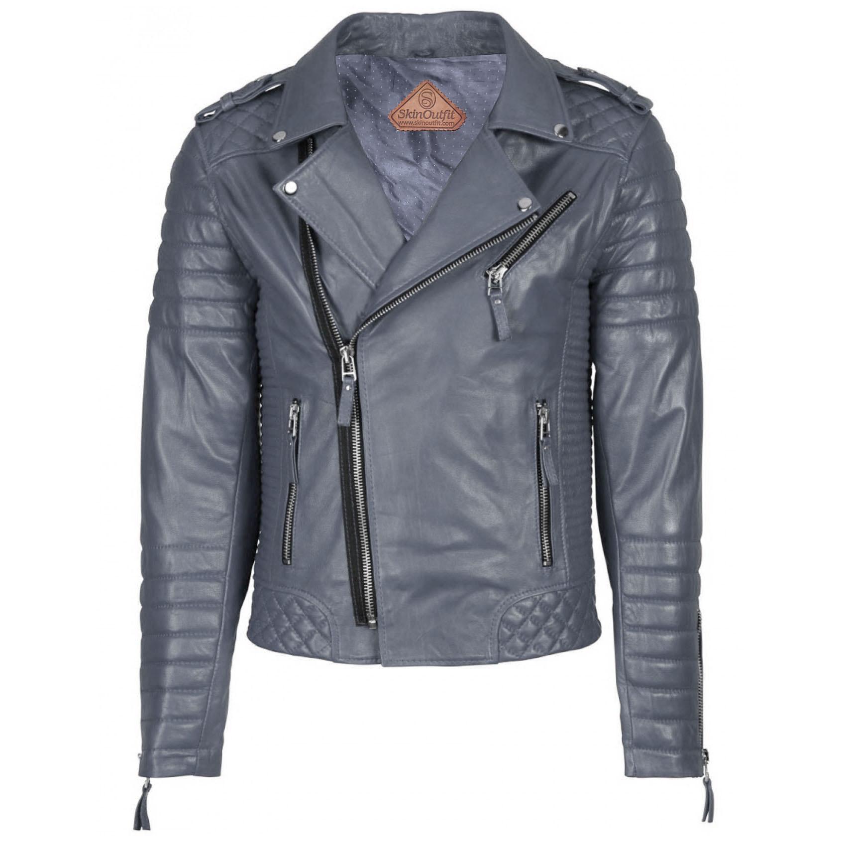 

SKINOUTFIT Men Motorcycle Leather Jacket Genuine Gray Lambskin Café Racer Biker Outerwear M сірий колір