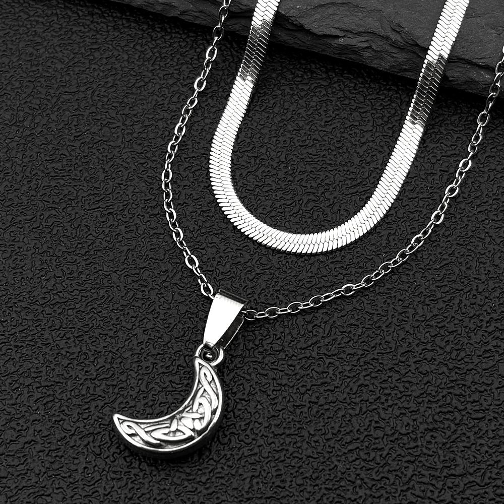 Crescent Moon Celtic Knot Double-layered Pendant Necklace for Men Women Gold Silver Color Blade Chain Jewelry Gift