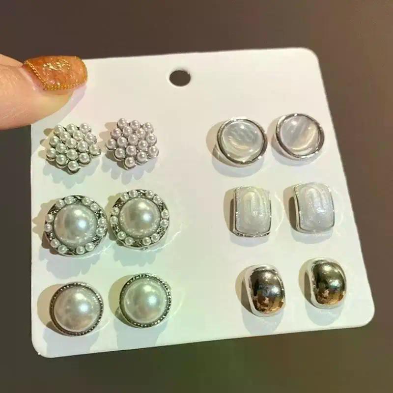 6pair/set Elegant Temperament Imitation Pearl Round Square Earrings Women Daily Wear Holiday Accessories Gifts